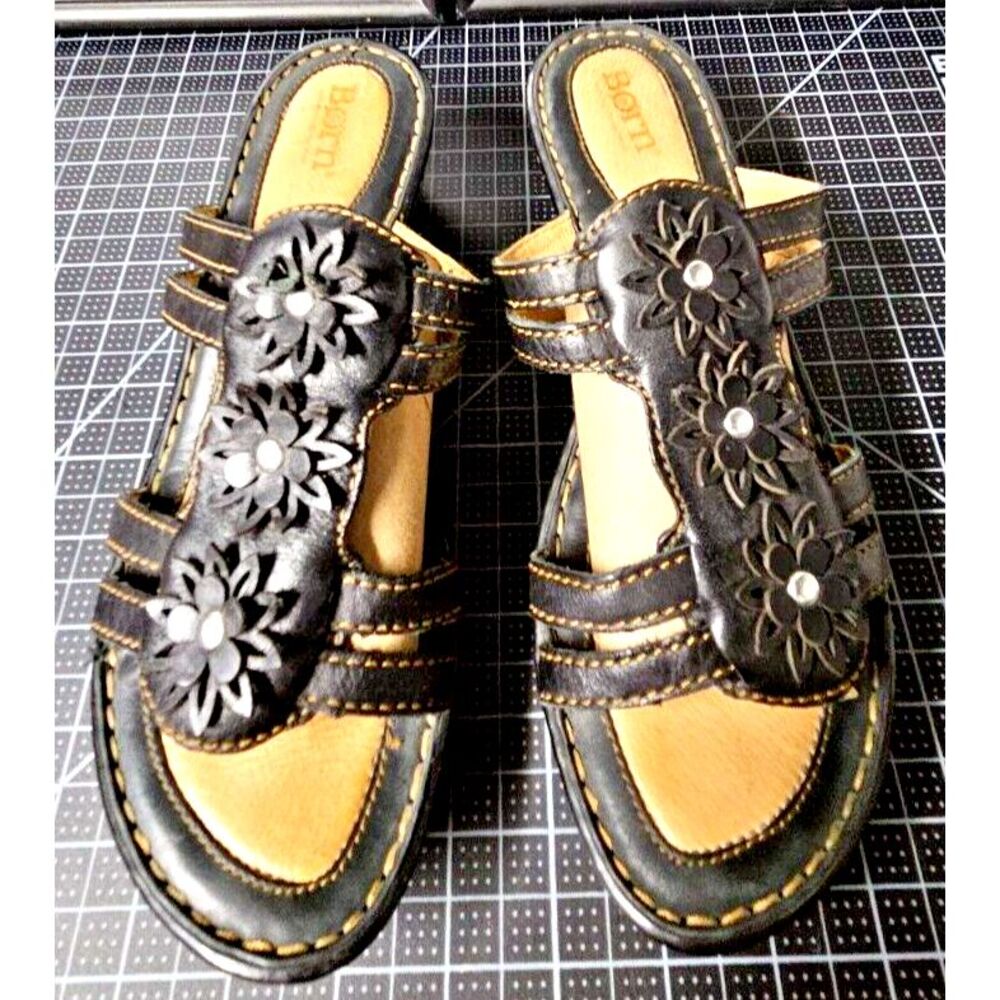 BORN black floral wedge sandal slip on 39/8M
